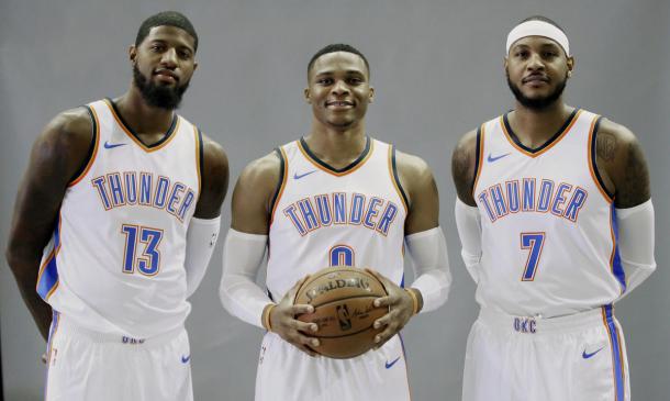 The Thunder's new big three look to get OKC back to the NBA Finals, something George and Anthony haven't accomplished. Photo Sue Ogrocki, AP Photo