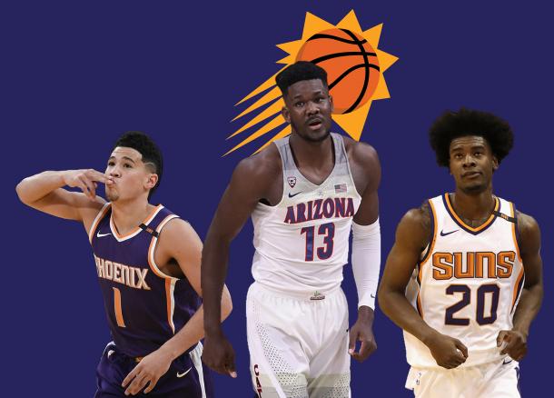 Devin Booker (1), Deandre Ayton (13) and Josh Jackson