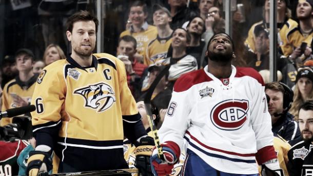 P.K. Subban of the Montreal Canadiens and Shea Weber of the Nashville Predators stand alongside one another prior to the 2016 NHL All-Star Game. (Bruce Bennett/Getty Images)