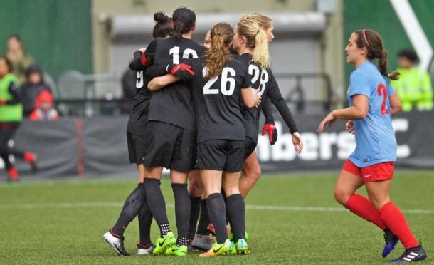 The Portland Thorns celebrating after the converted penalty kick by Nadia Nadim | Source: Craig Mitchelldyer