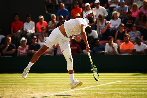 Benoit Paire unleashes a serve, one of his key weapons during the victory. Photo: Clive Brunskill/Getty Images