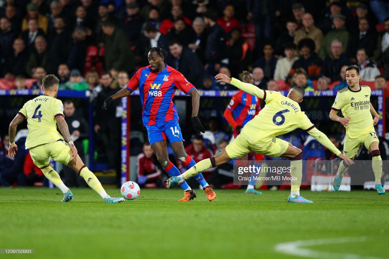 LONDON, ENGLAND - APRIL 04: Jean-Philippe Mateta of Crystal Palace in action during the Premier League match between Crystal Palace and Arsenal at <strong><a  data-cke-saved-href='https://www.vavel.com/en/football/2021/05/19/arsenal/1071948-crystal-palace-1-3-arsenal-nicolas-pepe-grabs-double-at-selhurst-park.html' href='https://www.vavel.com/en/football/2021/05/19/arsenal/1071948-crystal-palace-1-3-arsenal-nicolas-pepe-grabs-double-at-selhurst-park.html'>Selhurst Park</a></strong> on April 4, 2022 in London, United Kingdom. (Photo by Craig Mercer/MB Media/Getty Images)