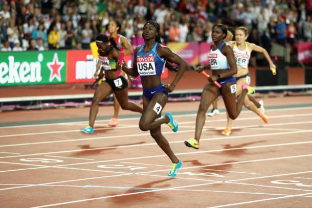 Bowie leads home the US quartet for the gold medal (Getty/Patrick Smith)