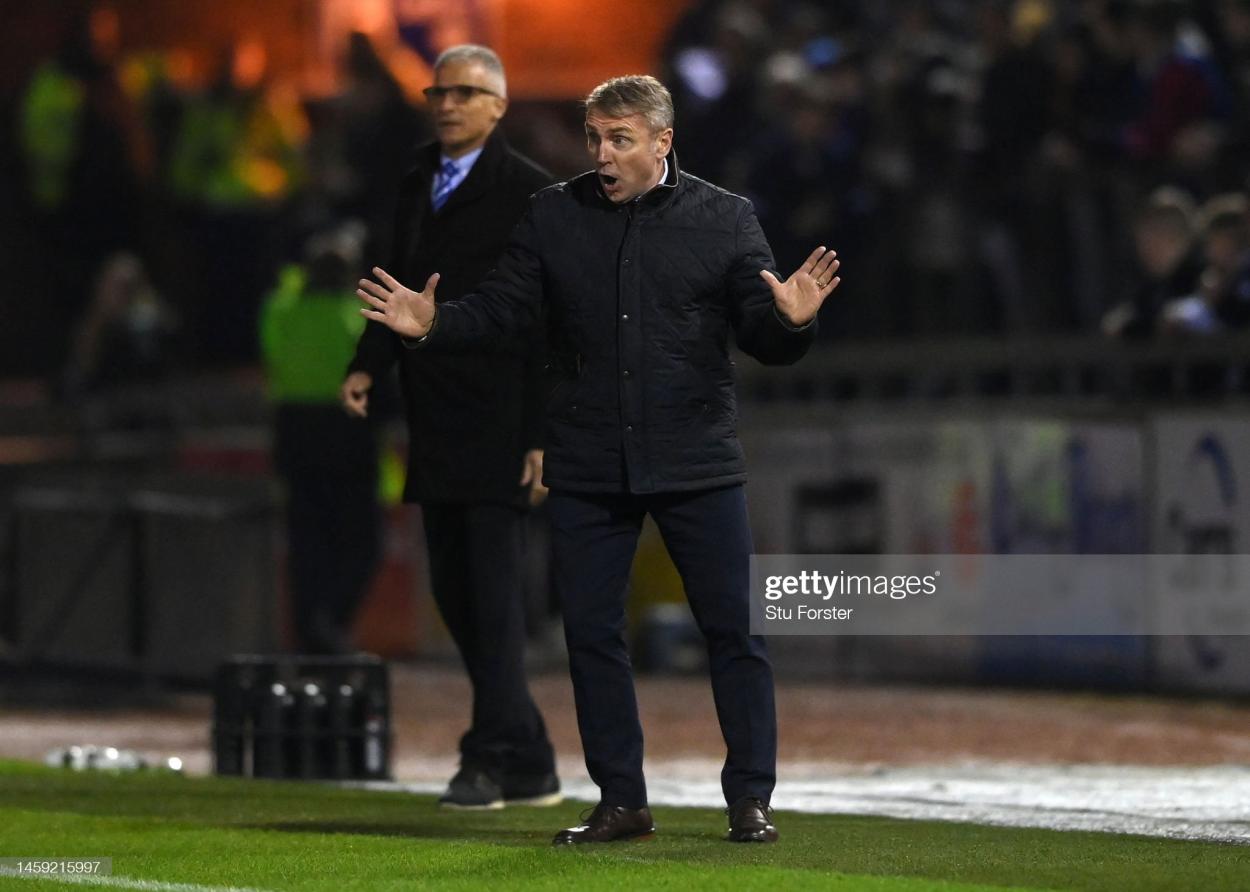 Carlisle manager Paul Simpson reacts on the touchline. (Photo by Stu Forster/Getty Images)