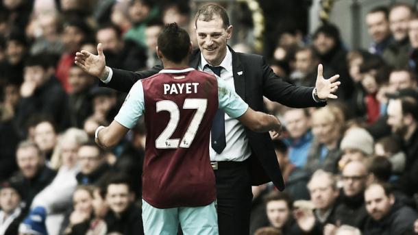 Above: West Ham United's Dimitri Payet and Slaven Bilic embracing each other | Photo: Sky Sports 