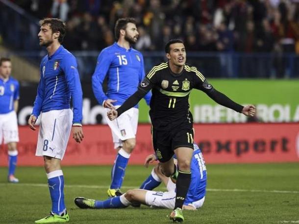 Pedro celebrates his goal against Italy in 2014