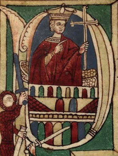 Don Pelayo en la batalla de Covadonga. Detalle del folio 23 recto del manuscrito 2805 de la Biblioteca Nacional de España.