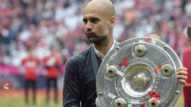 Pep poses with the Meisterschale. | Image source: Sky Sports