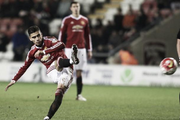 Above: Andreas Pereira scores in Manchester United Under-21's 4-0 win over Oldham image source: Manchester Evening News