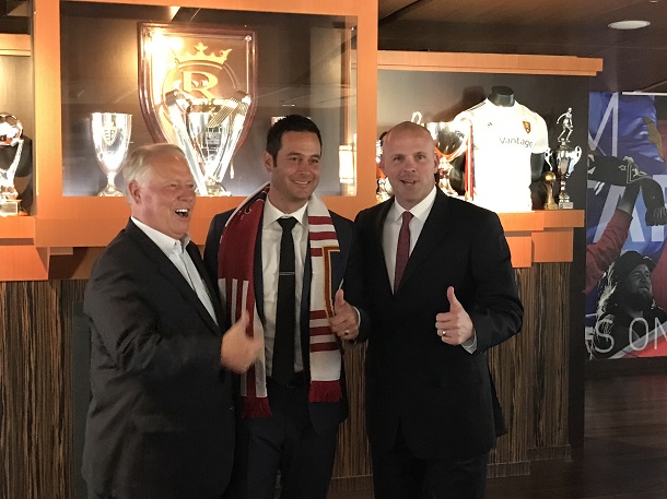 New Real Salt Lake head coach Mike Petke is flanked by club owner Dell Loy Hansen, left, and general manager Craig Waibel. | Photo: Heath Waddingham