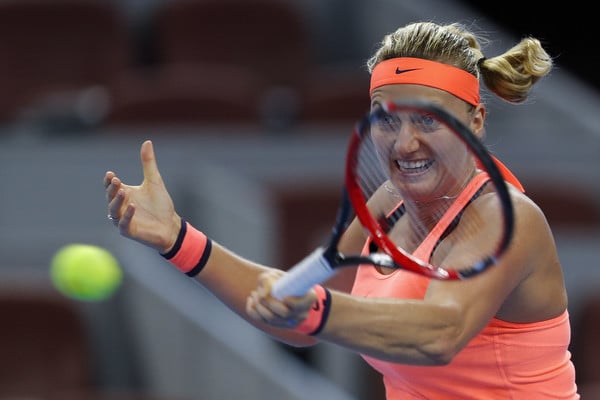 Petra Kvitova hits a forehand at the China Open in Beijing/Getty Images