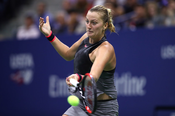 Petra Kvitova hits her trademark forehand during the late-night thriller in Arthur Ashe Stadium | Photo: Matthew Stockman/Getty Images North America