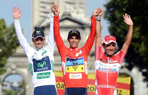 Los tres corredores en el podio de la Vuelta a España 2012 | Foto: Katusha Team