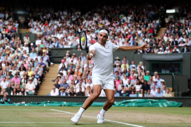 Federer in action during his Wimbledon semifinal win over Tomas Berdych (Getty/Pool)