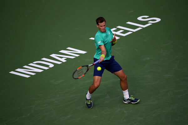 Pospisil plays a forehand during a match in Indian Wells in March. Photo: Sean Haffey/Getty Images