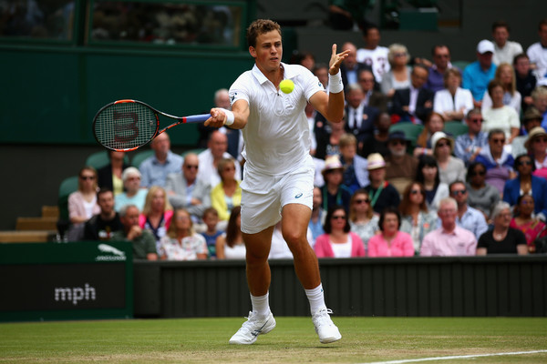 Pospisil plays a forehand during his quarterfinal last year at Wimbledon. Photo: Ian Walton/Getty Images