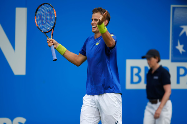 Pospisil reacts to missing a shot during qualifiers at the Queen's Club. Photo: Joel Ford/Getty Images