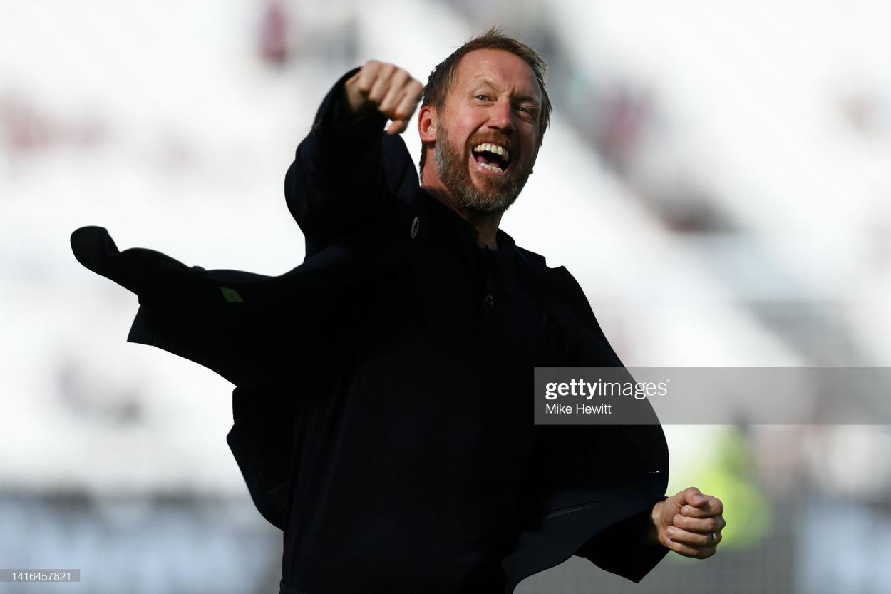 LONDON, ENGLAND - AUGUST 21: <strong><a  data-cke-saved-href='https://www.vavel.com/en/football/2021/11/26/premier-league/1094147-the-key-quotes-from-graham-potters-pre-leeds-united-press-conference.html' href='https://www.vavel.com/en/football/2021/11/26/premier-league/1094147-the-key-quotes-from-graham-potters-pre-leeds-united-press-conference.html'>Graham Potter</a></strong>, Manager of Brighton & Hove Albion, celebrates their side's win after the final whistle of the Premier League match between West Ham United and Brighton & Hove Albion at <strong><a  data-cke-saved-href='https://www.vavel.com/en/football/2022/08/07/premier-league/1119214-4-things-we-learned-from-west-ham-0-2-manchester-city.html' href='https://www.vavel.com/en/football/2022/08/07/premier-league/1119214-4-things-we-learned-from-west-ham-0-2-manchester-city.html'>London Stadium</a></strong> on August 21, 2022 in London, England. (Photo by Mike Hewitt/Getty Images)