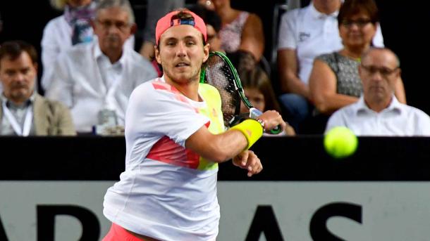 Lucas Pouille hits a forehand during his run in Metz. Photo: ATP World Tour