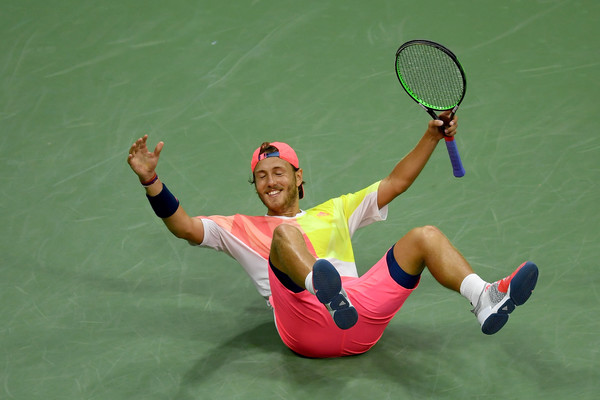Lucas Pouille collapses after defeating Rafael Nadal at the US Open. Photo: Mike Hewitt/Getty Images