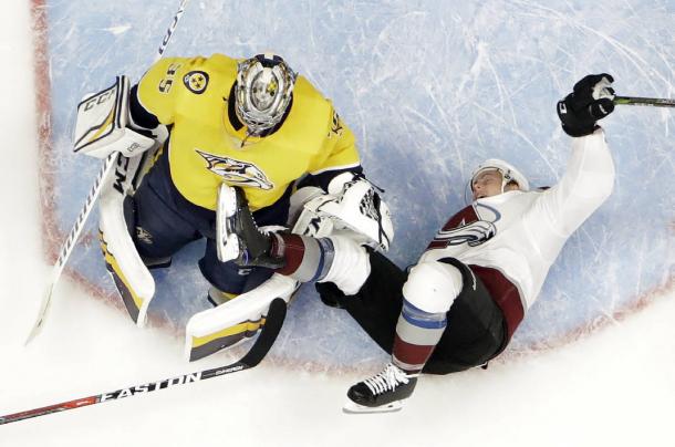 The Nashville Predators toppled the Colorado Avalanche to take a 2-0 lead in the their series.  (AP Photo/Mark Humphrey)