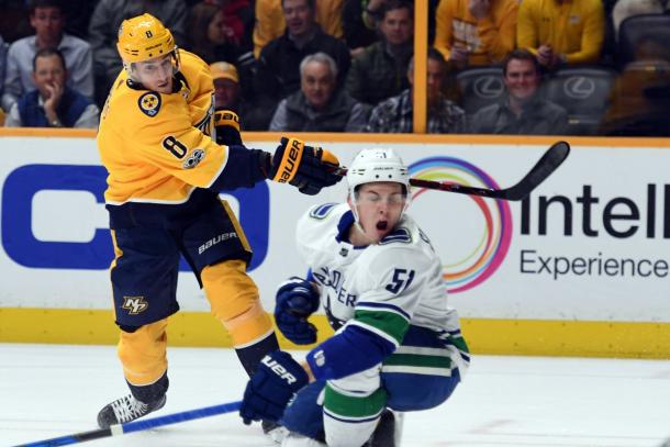 The Nashville Predators are on a roll, and the Vancouver Canucks found that out on December 13, 2017. (Photo: Christopher Hanewinckel-USA TODAY Sports