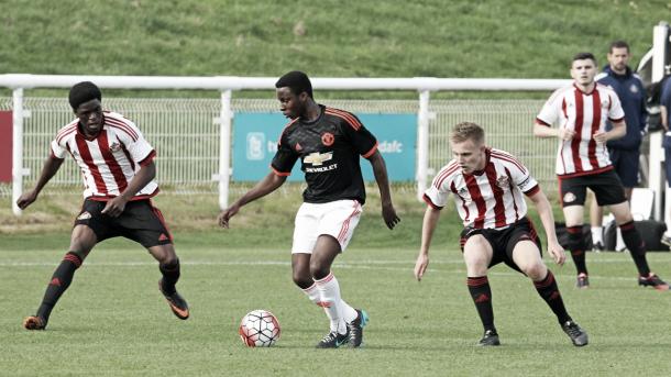 Sunderland's Dan Pybus and Josh Maja in action for the U18's against Manchester United | Photo: manutd.com