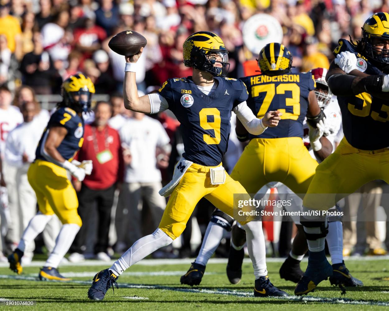 J.J.McCarthy #9 of the Michigan Wolverines passes the ball during the <strong><a  data-cke-saved-href='https://www.vavel.com/en-us/ncaa/2015/12/23/college-football/582453-to-claim-or-not-to-claim-should-universities-claim-national-titles-awarded-or-not.html' href='https://www.vavel.com/en-us/ncaa/2015/12/23/college-football/582453-to-claim-or-not-to-claim-should-universities-claim-national-titles-awarded-or-not.html'>Rose Bowl</a></strong> during a game between University of Alabama and University of Michigan at the <strong><a  data-cke-saved-href='https://www.vavel.com/en-us/ncaa/2015/12/23/college-football/582453-to-claim-or-not-to-claim-should-universities-claim-national-titles-awarded-or-not.html' href='https://www.vavel.com/en-us/ncaa/2015/12/23/college-football/582453-to-claim-or-not-to-claim-should-universities-claim-national-titles-awarded-or-not.html'>Rose Bowl</a></strong> on January 1, 2024 in Pasadena, California. (Photo by Steve Limentani/ISI Photos/Getty Images)