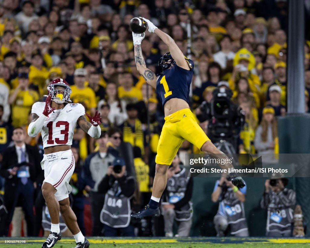 Roman Wilson #1 of the Michigan Wolverines catches a 29 yard reception in the 4th quarter to set up Michigans tying score during the Rose Bowl during a game between University of Alabama and University of Michigan at the Rose Bowl on January 1, 2024 in Pasadena, California. (Photo by Steve Limentani/ISI Photos/Getty Images)