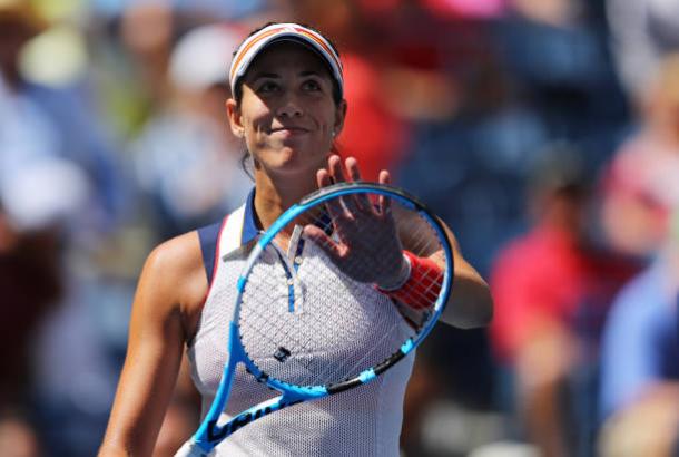 Muguruza celebrates a comfortable first round victory (Getty/Richard Heathcote)