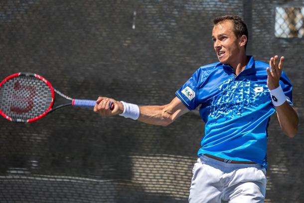 Lukas Rosol rips a forehand during his second round match (Photo: Tessa Kolodny)