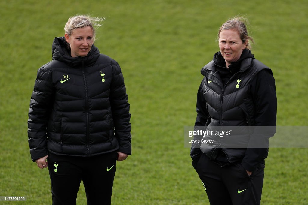 BIRKENHEAD, ENGLAND - MARCH 12: Vicky Jepson, Assistant Manager of Tottenham Hotspur and Rehanne Skinner, Manager of Tottenham Hotspur, speak prior to the FA Women's Super League match between Liverpool and Tottenham Hotspur at Prenton Park on March 12, 2023 in Birkenhead, England. (Photo by Lewis Storey/Getty Images)