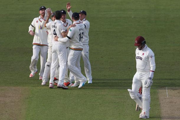 Graham Onions celebrates bowling Marcus Trecothick out (Photo: Getty Images)