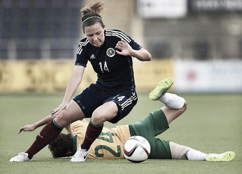 Rachel Corsie in action during the Vauxhall International Challenge Womens Match between Scotland and Australia | Photo: Ben Radford/Getty Images