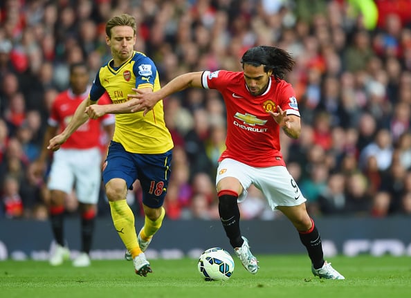 Radamel Falcao of Manchester United dribbles against Arsenal in May 2015 (Shaun Botterill/Getty Images Sport)