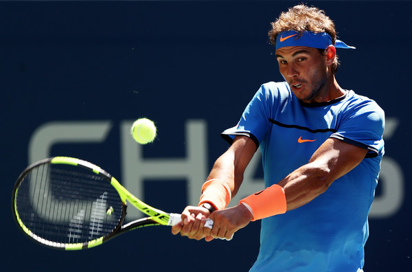 Nadal crushes a backhand on Monday at the US Open. Photo: Elsa/Getty Images