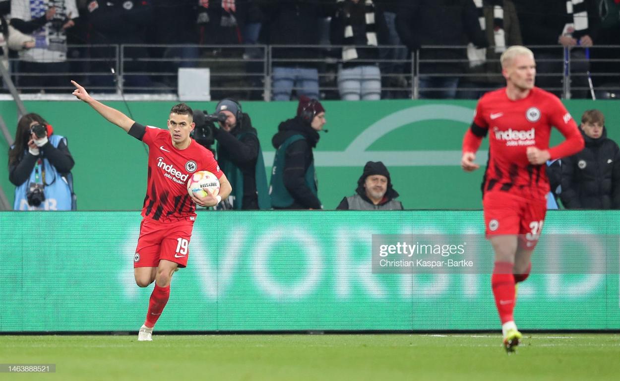 Rafael Santos Borre celebrates scoring midweek against Darmstadt in the DFB-Pokal PHOTO CREDIT: Christian Kaspar-Bartke