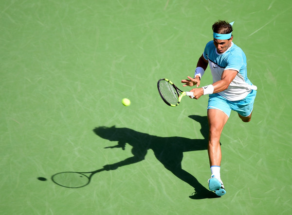 Rafael Nadal hits a running forehand during the 2016 BNP Paribas Open. | Photo: Harry How/Getty Images North America