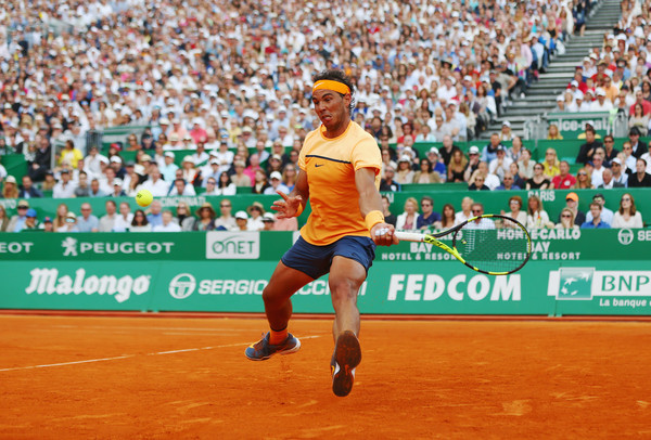 Rafael Nadal hitting a forehand during the 2016 Monte Carlo Rolex Masters final against Gael Monfils, a match he would go on to win to claim his ninth Monte Carlo crown.