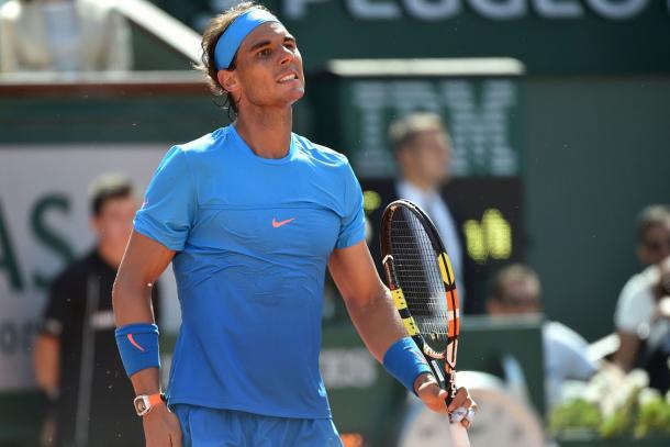 Rafael Nadal reacts during his quarterfinal loss at the French Open last year. Photo courtesy: Getty Images.