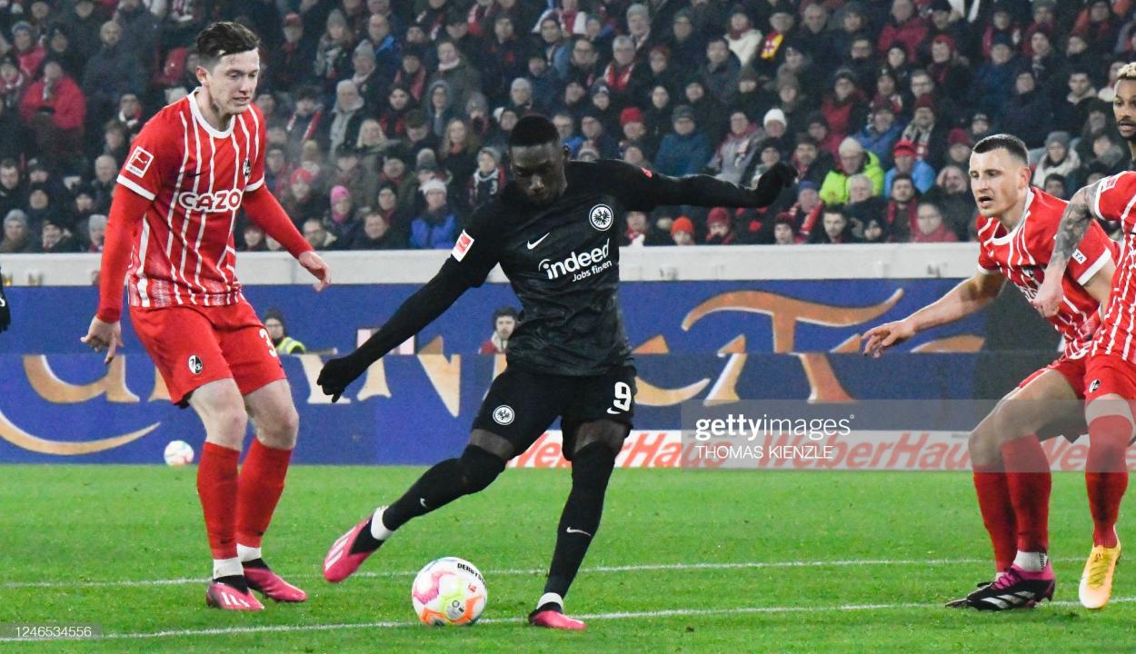 French international Randal Kolo Muani scored his sixth goal of the season on Wednesday against Freiburg PHOTO CREDIT: Thomas Kienzle