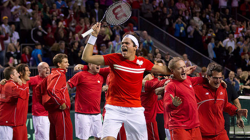 Milos Raonic celebrates Canada's win over Spain in 2013. Photo: Darryl Dyck/Canadian Press