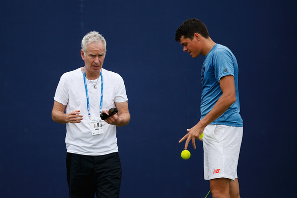 Raonic (left) in practice with McEnroe at the Queen's Club. Photo: Joel Ford/Getty Images