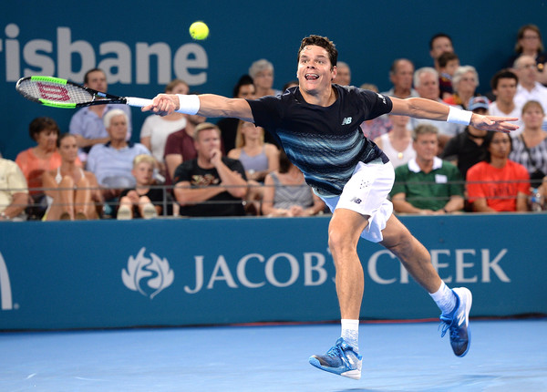 Raonic lunges for a forehand during his quarterfinal win. Photo: Bradley Kanaris/Getty Images