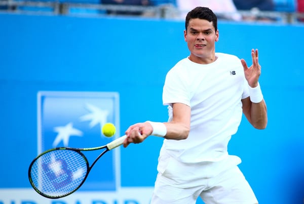 Raonic crushes a forehand during an earlier win in London. Photo: Getty Images