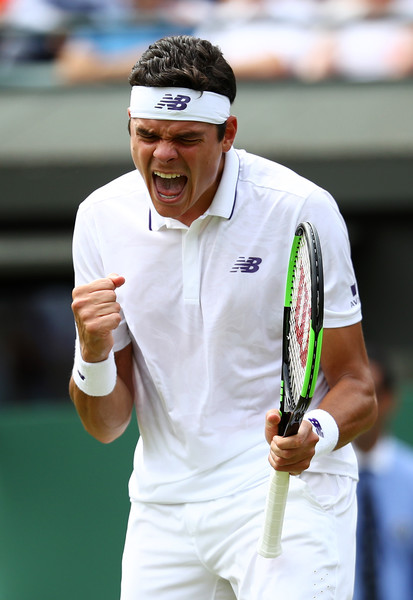 Raonic celebrates his opening round victory. Photo: Julian Finney/Getty Images