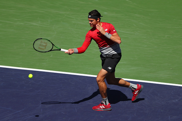 Raonic drives a forehand in Indian Wells. Photo: Getty Images