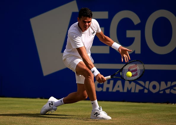 Milos Raonic slices a backhand during an early round match at the Queen's Club. Photo: Getty Images