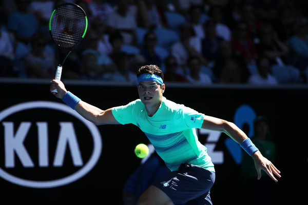 Raonic lines up a forehand on Thursday in Melbourne. Photo: Mark Kolbe/Getty Images