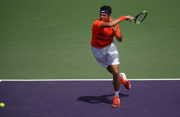 Raonic rips a forehand during his opener in Miami. Photo: Julian Finney/Getty Images